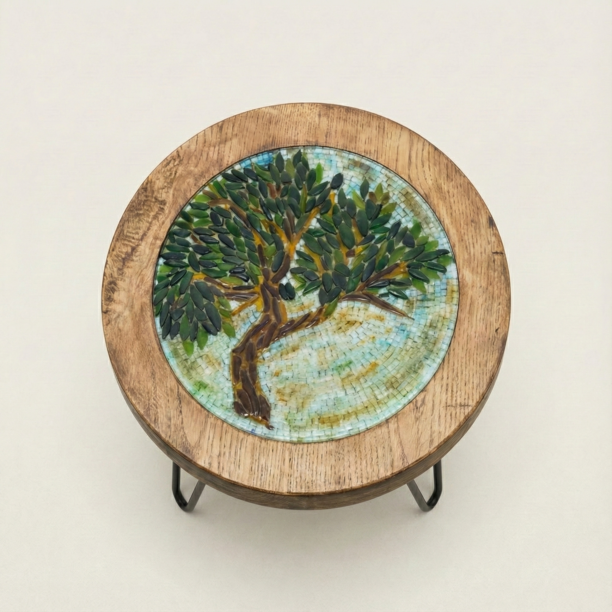 Hayat Ağacı: El Yapımı Cam ve Ahşap Yan Sehpa - Görsel 3