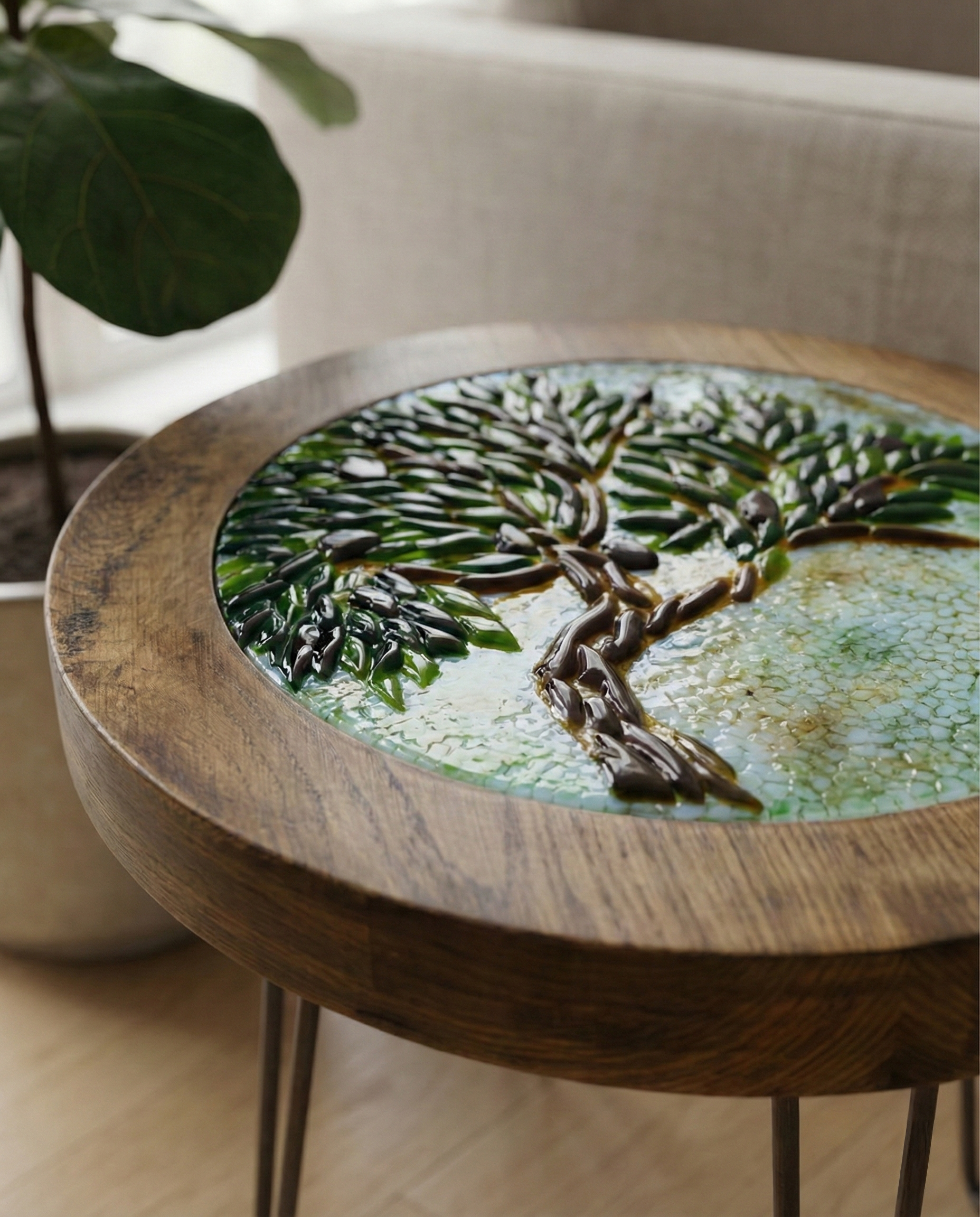 Hayat Ağacı: El Yapımı Cam ve Ahşap Yan Sehpa - Görsel 4