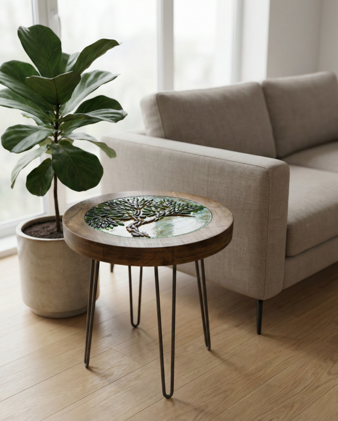 Hayat Ağacı: El Yapımı Cam ve Ahşap Yan Sehpa