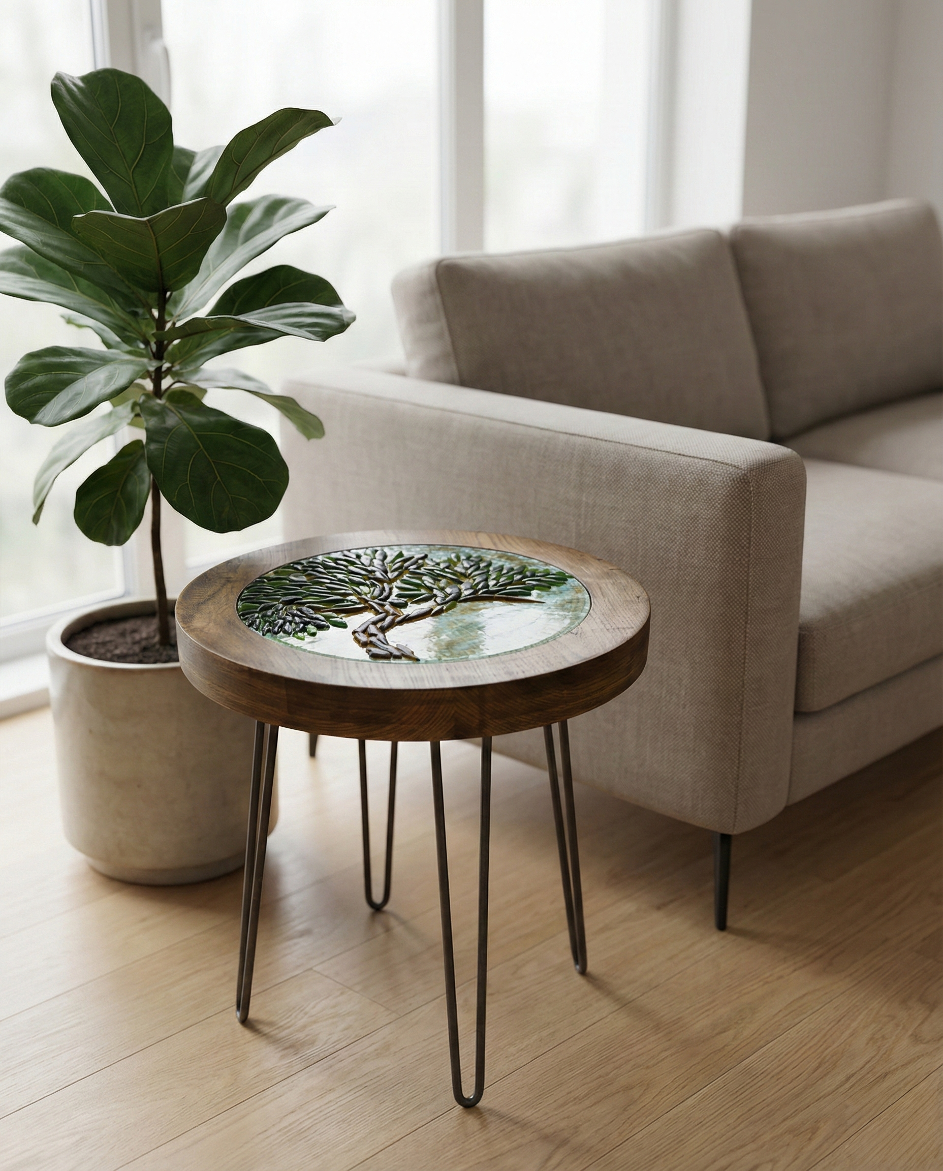 Hayat Ağacı: El Yapımı Cam ve Ahşap Yan Sehpa