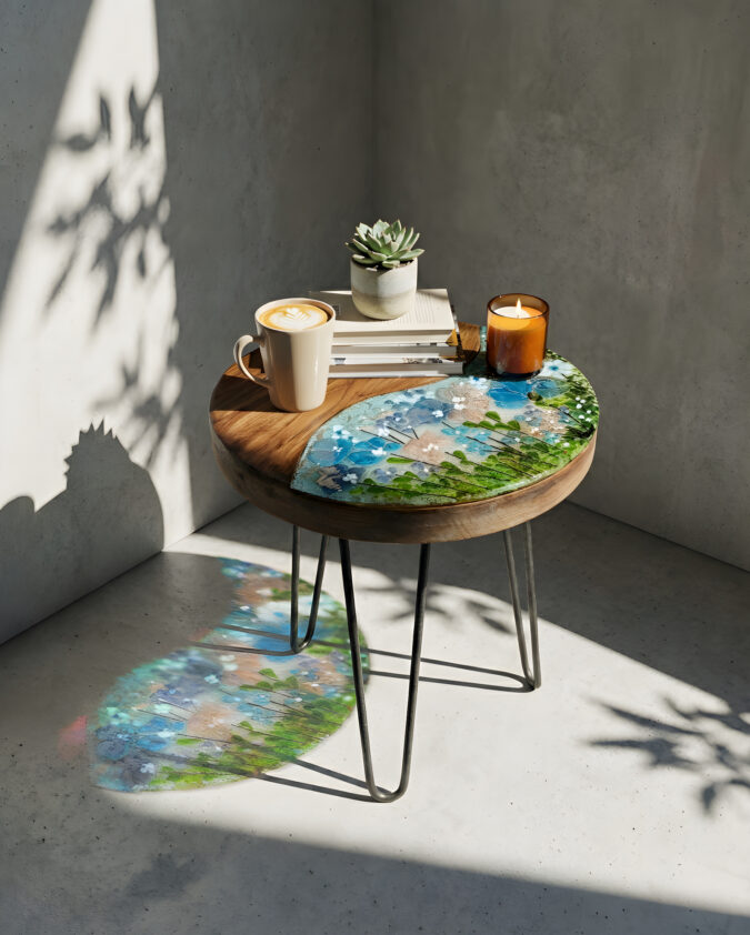 Saklı Bahçe: Füzyon Cam ve Doğal Ahşap Yan Sehpa