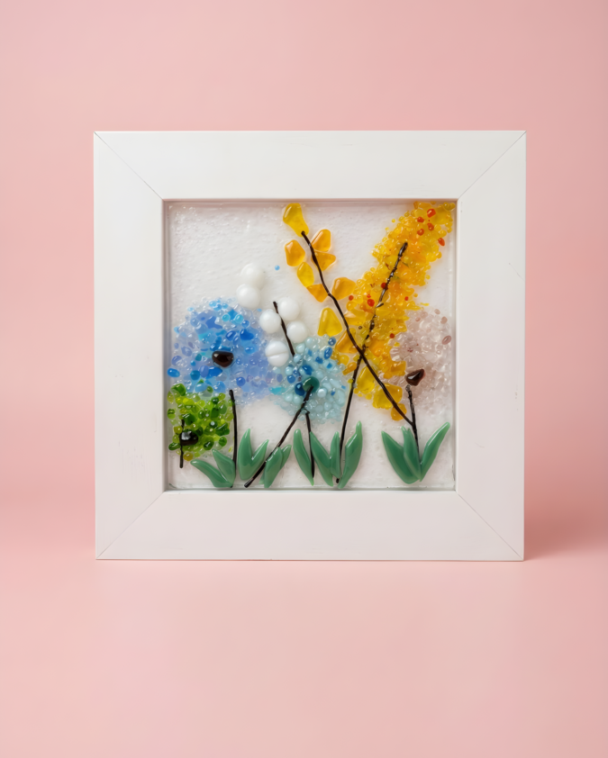 Camda Bahar Serisi: Mimoza ve Ortanca Bahçesi Pano (17 cm)