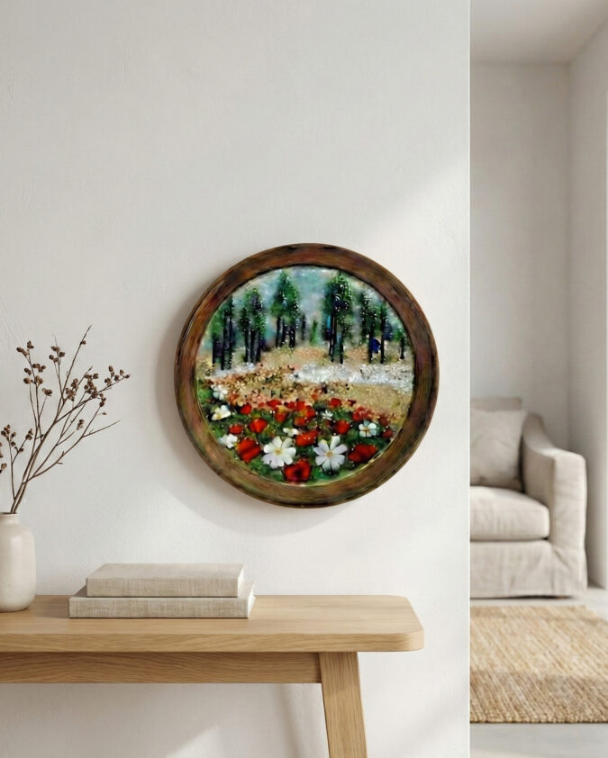 Doğanın Renkleri: Gelincik ve Papatya Manzaralı Ahşap Çerçeveli Pano