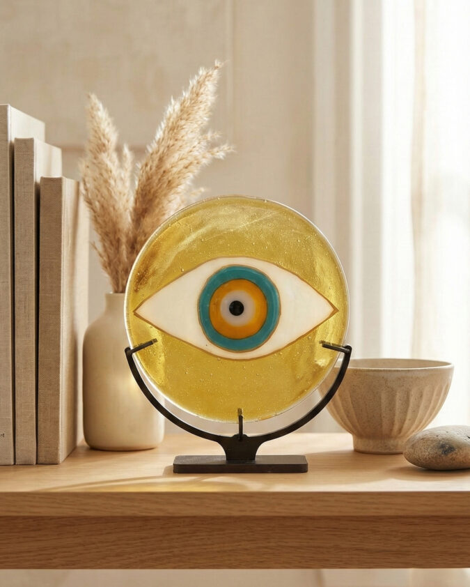 Güneşin Tılsımı: Sarı Hareli Modern Nazar Boncuğu Obje (15 cm)