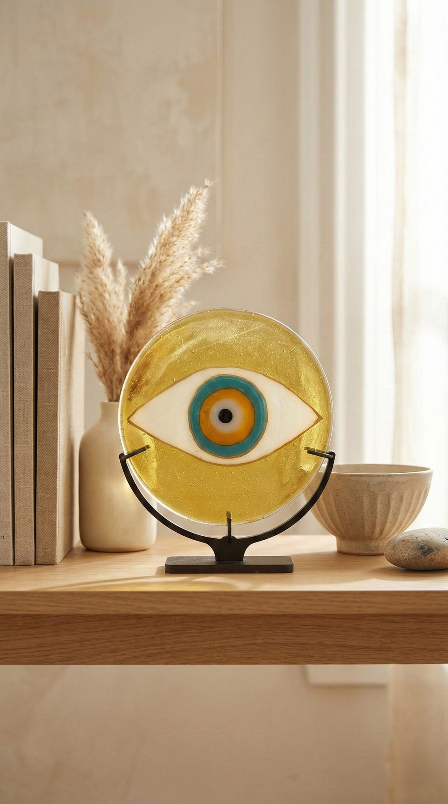 Güneşin Tılsımı: Sarı Hareli Modern Nazar Boncuğu Obje (15 cm)