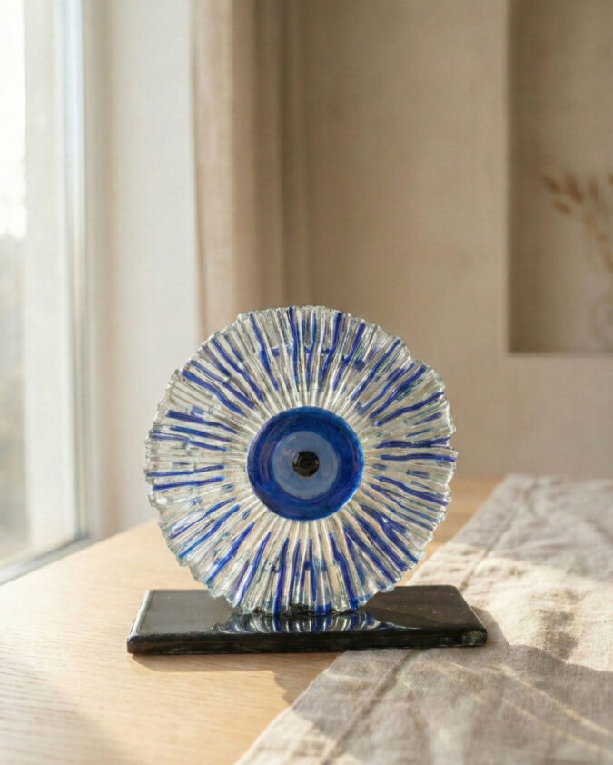 Mavi Işınlar: Siyah Kaideli Radyal Dokulu Cam Nazar Boncuğu (15 cm)