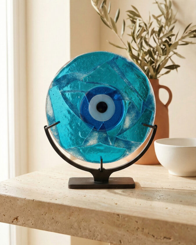 Okyanus Esintisi: Turkuaz Katmanlı Modern Nazar Boncuğu Obje (15 cm)