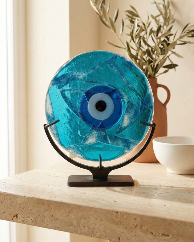 Okyanus Esintisi: Turkuaz Katmanlı Modern Nazar Boncuğu Obje (15 cm)