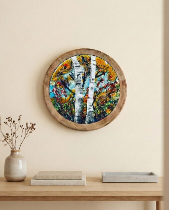 Sonbahar Esintisi: Huş Ağaçları ve Altın Yapraklar Ahşap Çerçeveli Pano