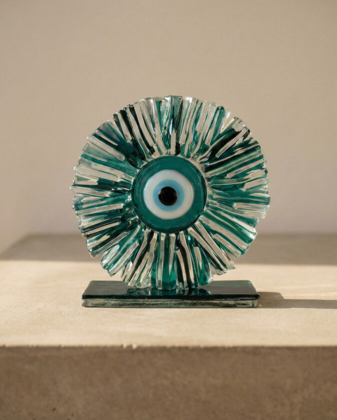 Zümrüt Işıltısı: Koyu Yeşil Işınsal Dokulu Cam Nazar Boncuğu (15 cm)