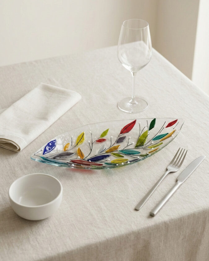 Renkli Yaprak Desenli Dekoratif Cam Tabak