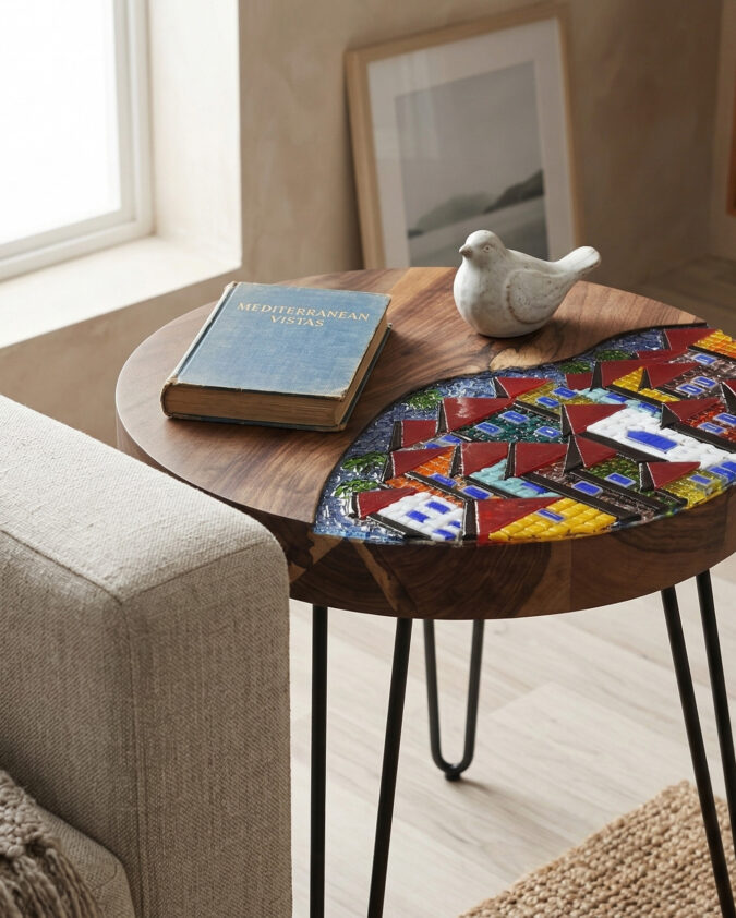 Akdeniz Kasabası Cam Mozaikli Doğal Ahşap Sehpa 40x40 cm