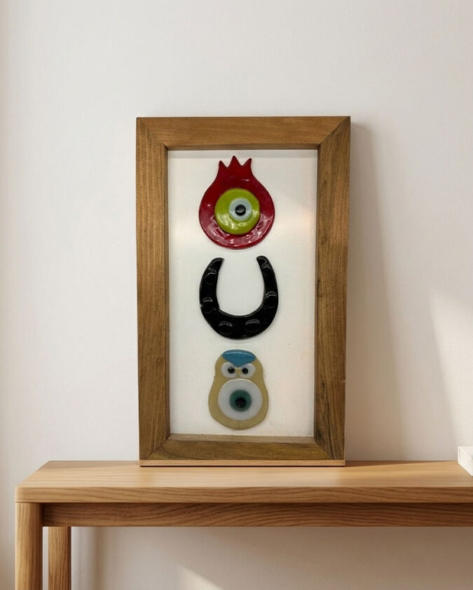 Bereket ve Şans Tılsımları Ahşap Çerçeveli Cam Pano 22x35 cm