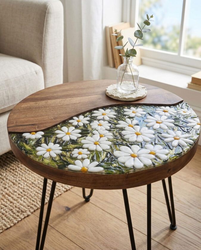 Beyaz Papatya Füzyon Cam Detaylı Doğal Ahşap Sehpa 40x40 cm