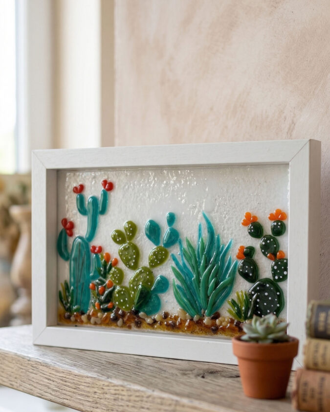 Botanik Kaktüs Bahçesi Beyaz Çerçeveli Cam Pano 30x20 cm