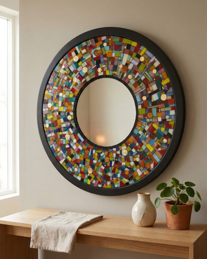 Çok Renkli Mozaik Cam Tasarımlı Yuvarlak Ayna 60 cm