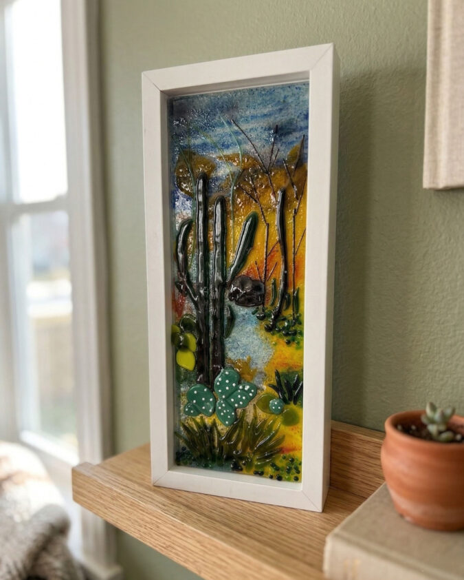 Çöl Rüyası Kaktüs Temalı Dikey Cam Pano 40x17 cm