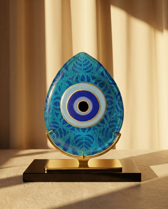 Damla Formlu Desenli Nazar Altın Ayaklı Cam Obje 30 cm