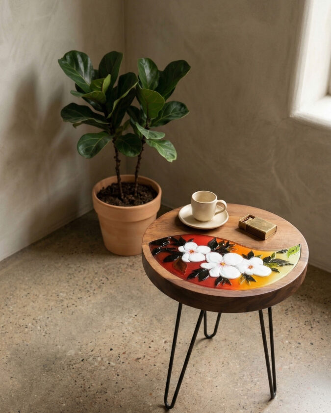 Egzotik Beyaz Çiçekli Doğal Ahşap Sehpa 40x40 cm