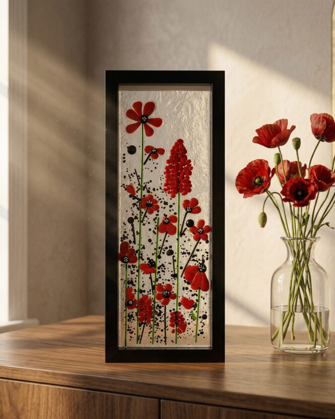 Gelincik Serisi: Dikey Formlu Kırmızı Çiçekler Cam Pano (40 cm)