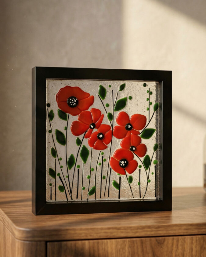 Gelincik Serisi: Kare Formlu Kırmızı Çiçekler Cam Pano (20x20 cm)