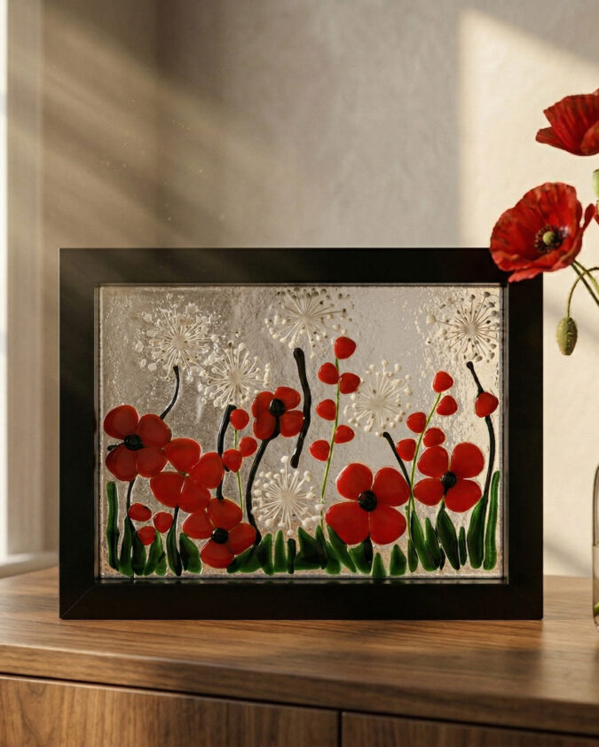 Gelincik Serisi: Yatay Formlu Kırmızı Çiçekler ve Karahindiba Cam Pano (33x15 cm)