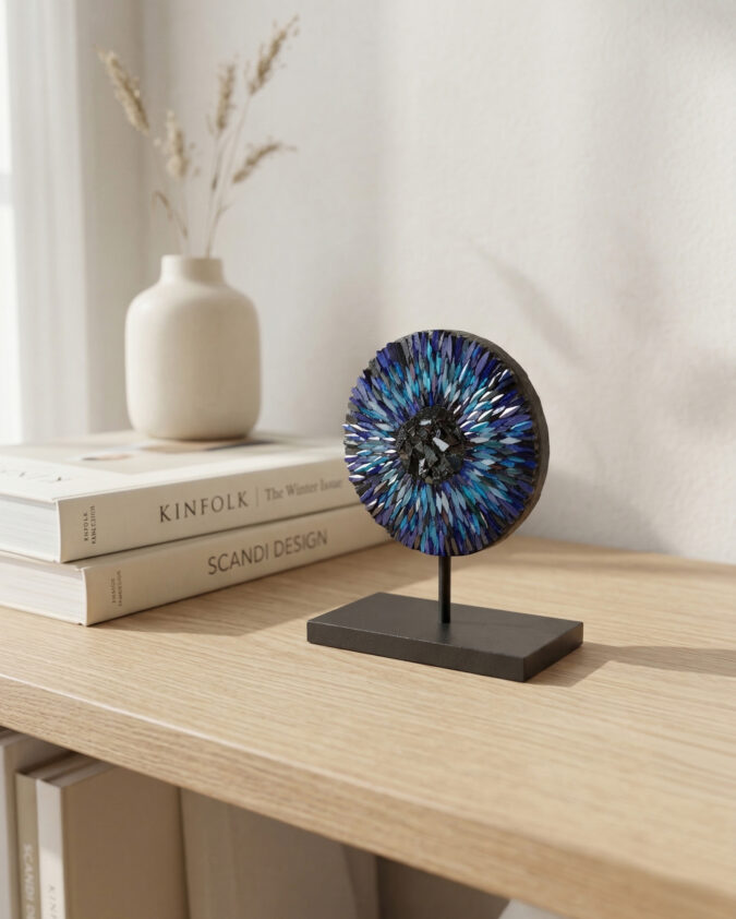 İris Mavi Mozaik Dokulu Ayaklı Cam Obje 9 cm