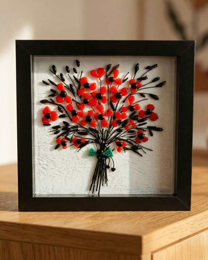 Kırmızı Gelincik Buketi Siyah Çerçeveli Cam Pano 20x20 cm