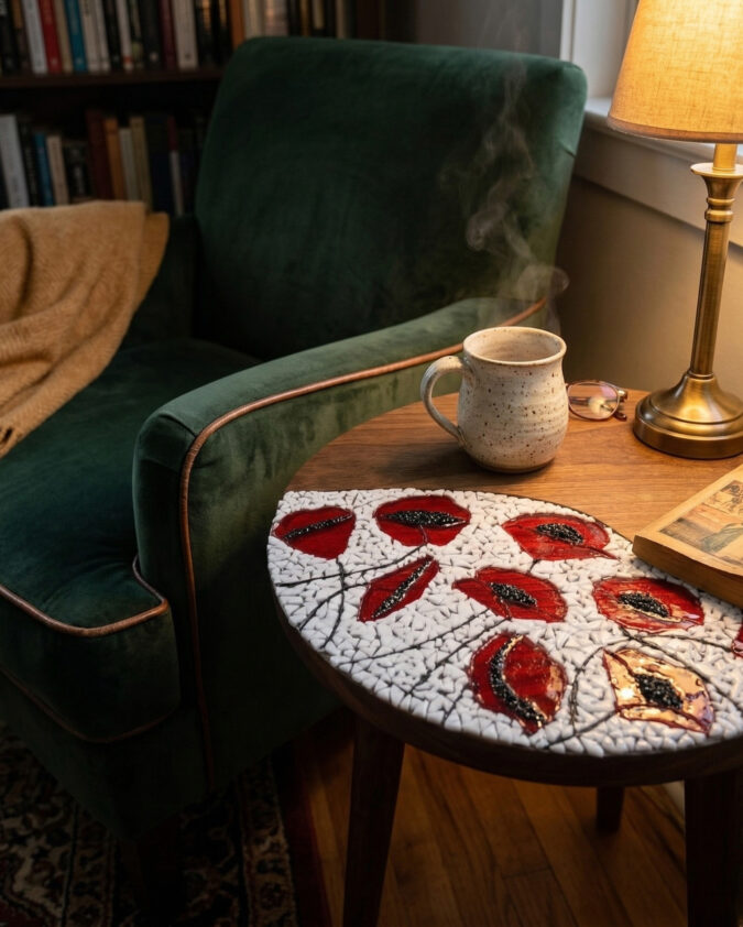 Kırmızı Gelincik Cam Mozaikli Doğal Ahşap Sehpa 40x40 cm