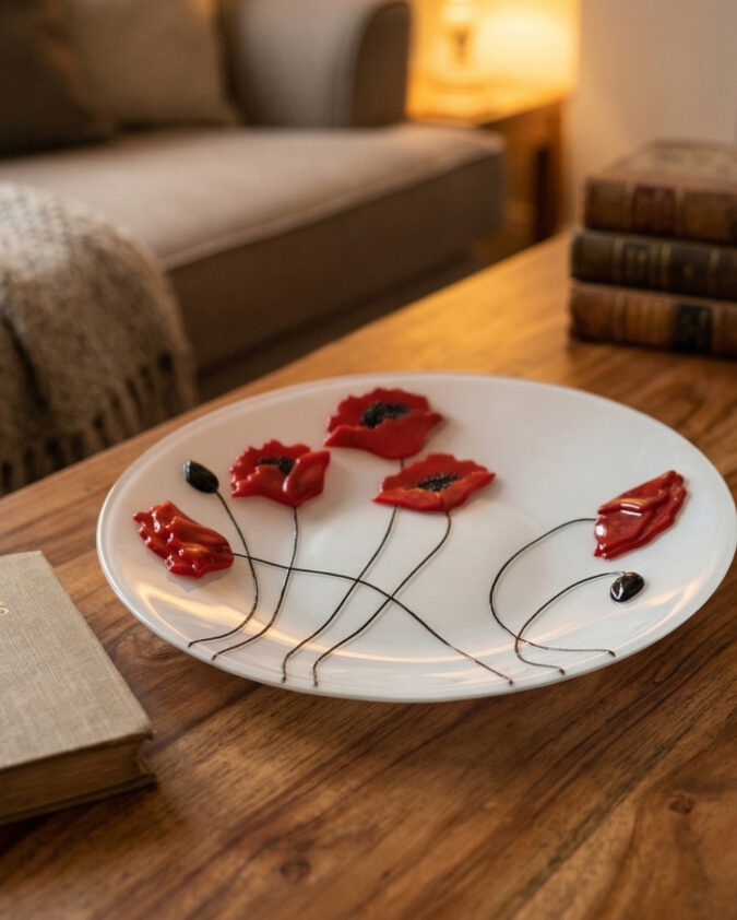 Kırmızı Gelincik Serisi Yuvarlak Beyaz Cam Tabak 20 cm