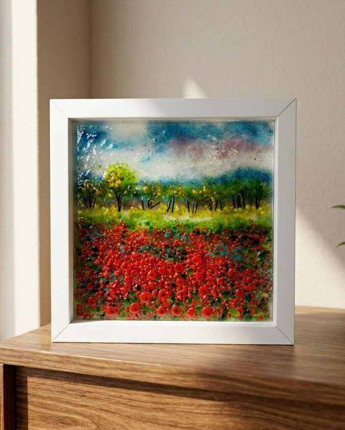 Kırmızı Gelincik Tarlası Beyaz Çerçeveli Cam Pano 20x20 cm