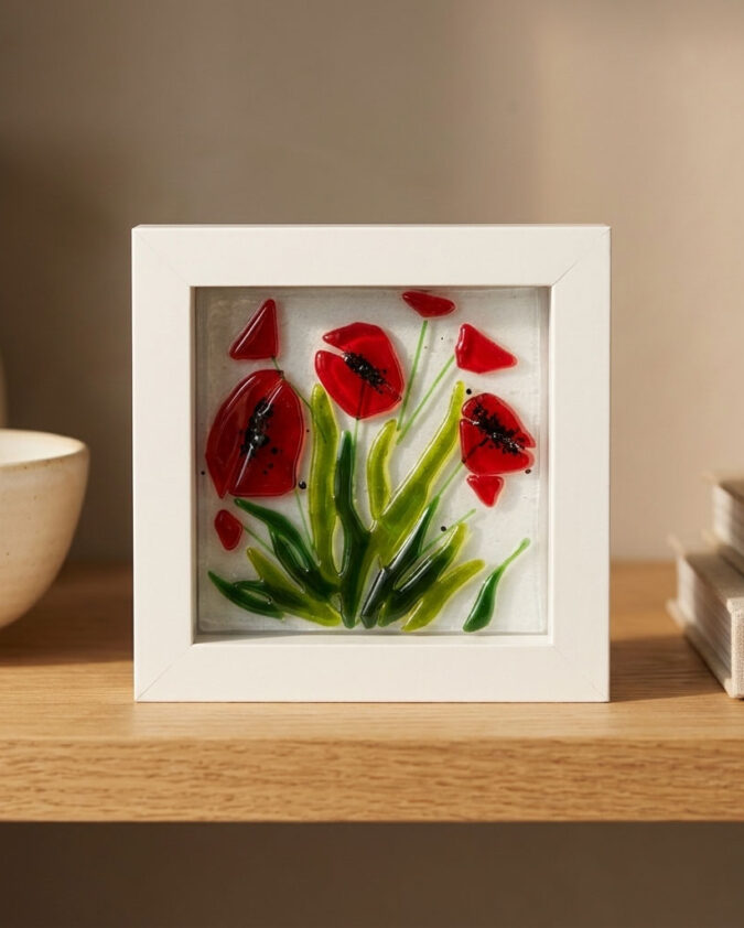 Kırmızı Gelincikler Beyaz Çerçeveli Cam Pano 15x15 cm (Kopya)