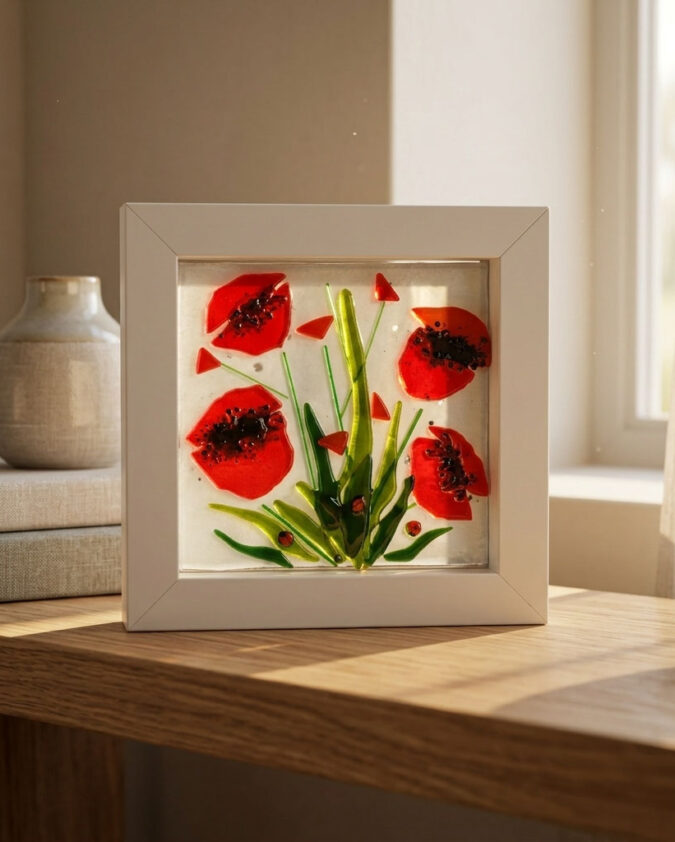 Kırmızı Gelincikler Beyaz Çerçeveli Cam Pano 15x15 cm