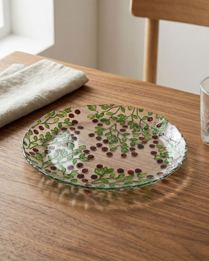 Kırmızı Meyveli Botanik Desenli Yuvarlak Cam Tabak 20 cm