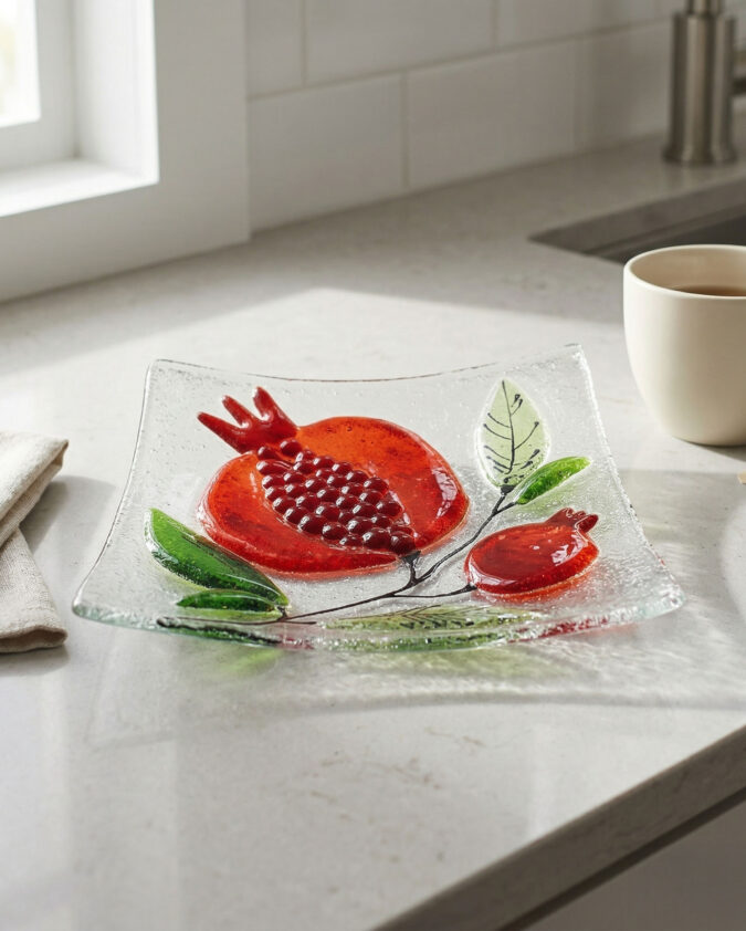 Kırmızı Nar Temalı Dekoratif Cam Tabak 20 cm