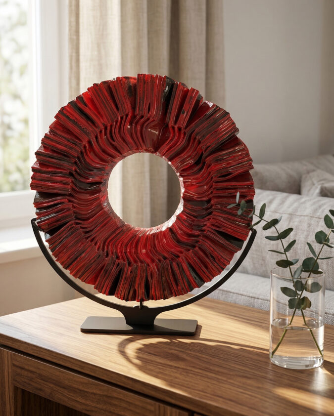 Kızıl Girdap Ayaklı Modern Cam Obje (30 cm)