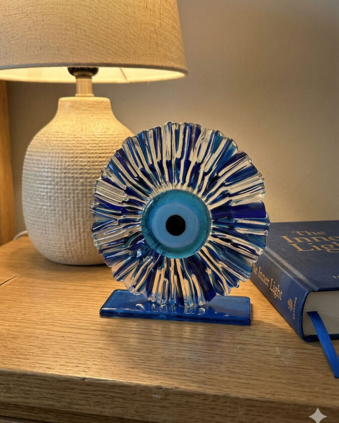 Mavi Şeffaf Cam Disk Nazar Boncuğu Kaideli Dekor 15 cm