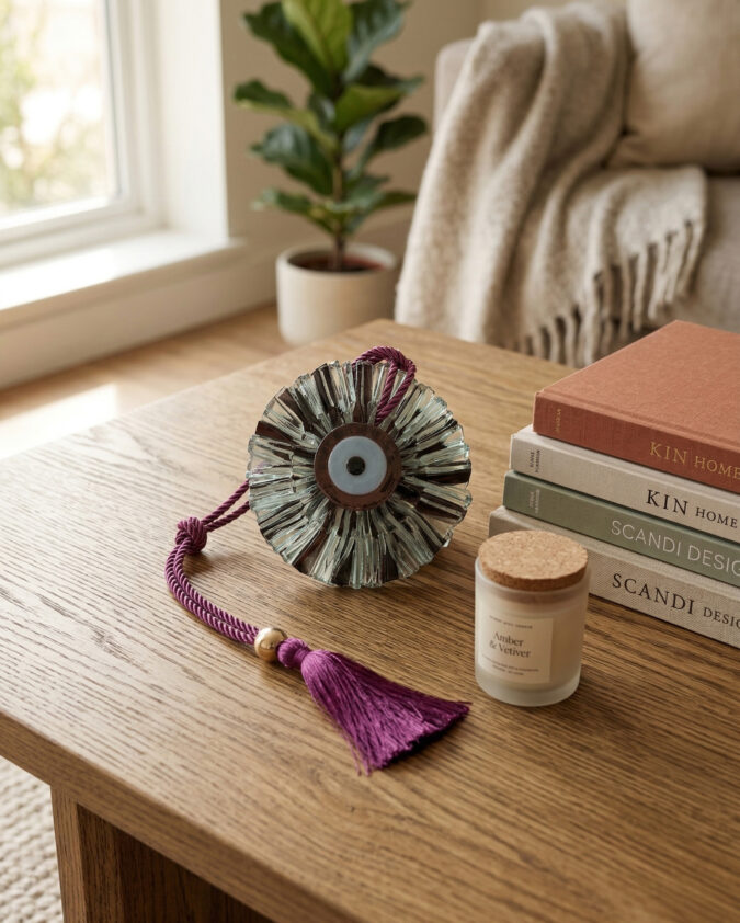 Mor Püsküllü Füme Cam Disk Nazar Boncuğu 15 cm