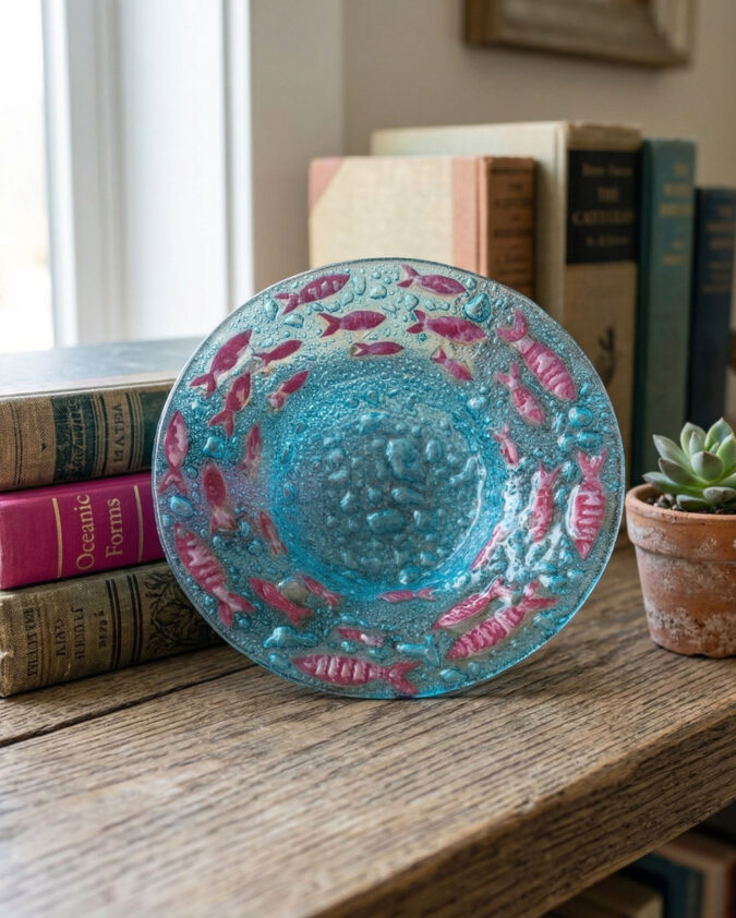 Pembe Balık Sürüsü Mavi Su Dokulu Cam Tabak 20 cm