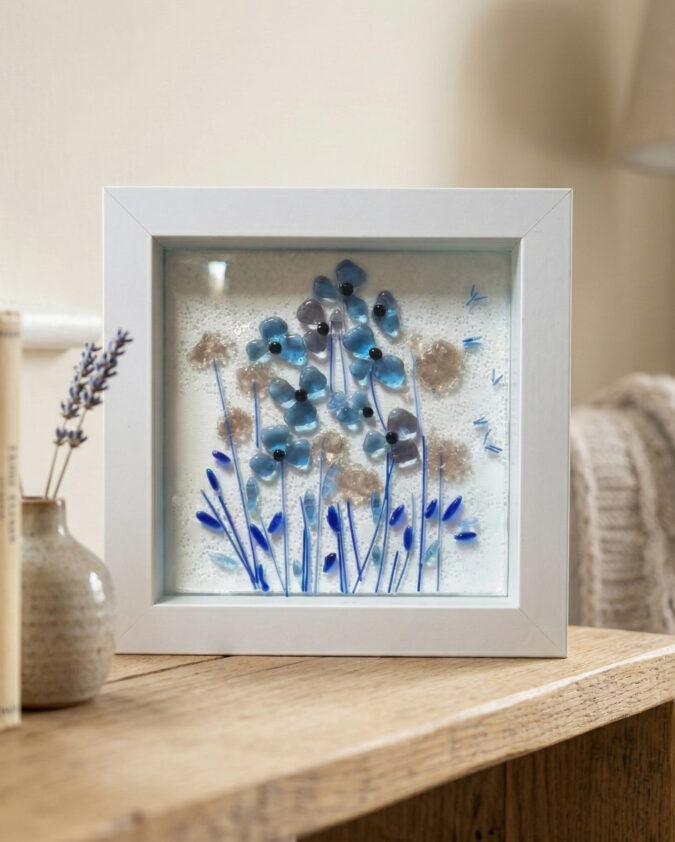 Puslu Bahçe: Mavi ve Pastel Çiçekli Botanik Cam Pano