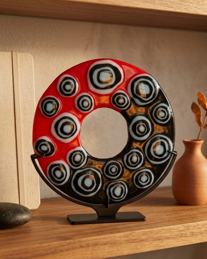 Retro Halka Kırmızı Siyah Modern Cam Obje 25 cm