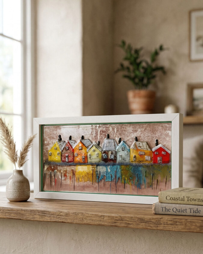 Sahil Kasabası Renkli Evler Cam Pano (20x40 cm)