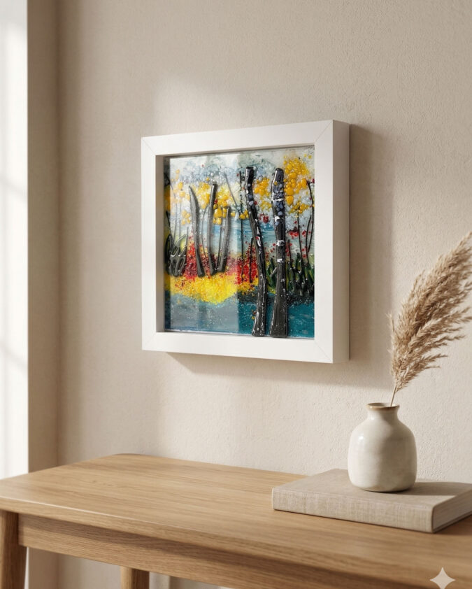 Sonbahar Ormanı Beyaz Çerçeveli Cam Pano 20x20 cm