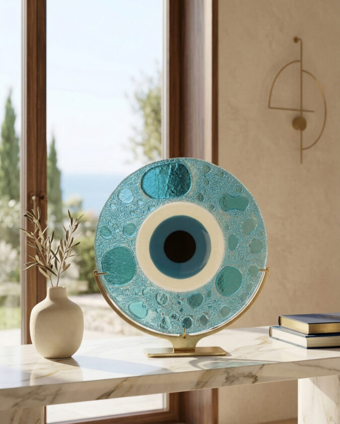 Turkuaz Tılsım: Metal Ayaklı Modern Nazar Cam Obje (30 cm)