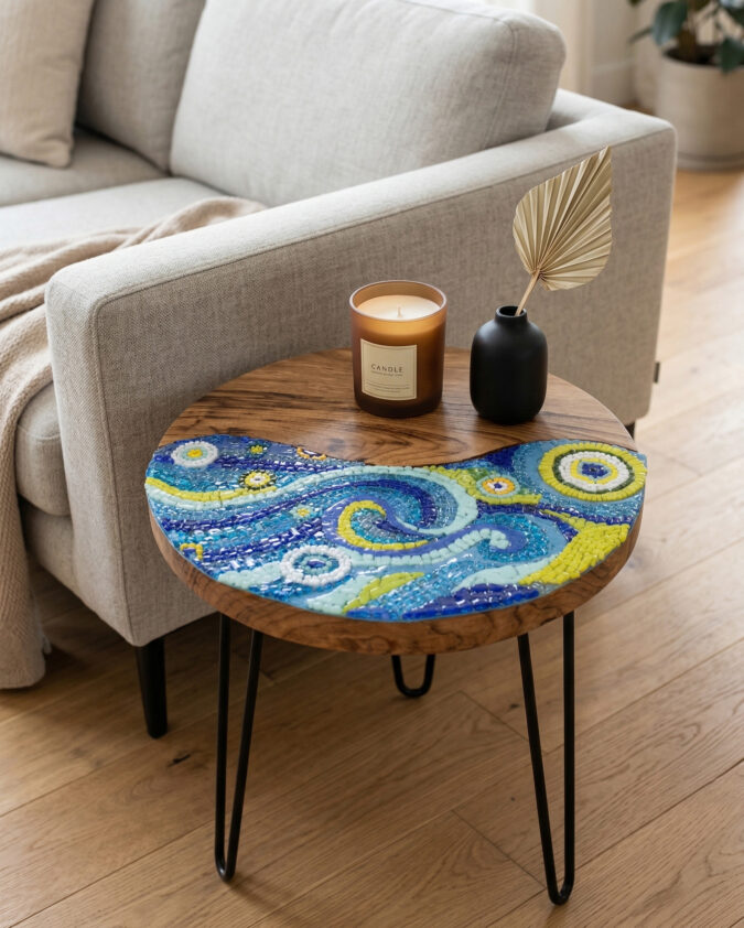 Yıldızlı Gece Cam Mozaikli Doğal Ahşap Sehpa 40x40 cm