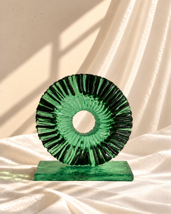 Zümrüt Yeşili Cam Disk Obje 18 cm